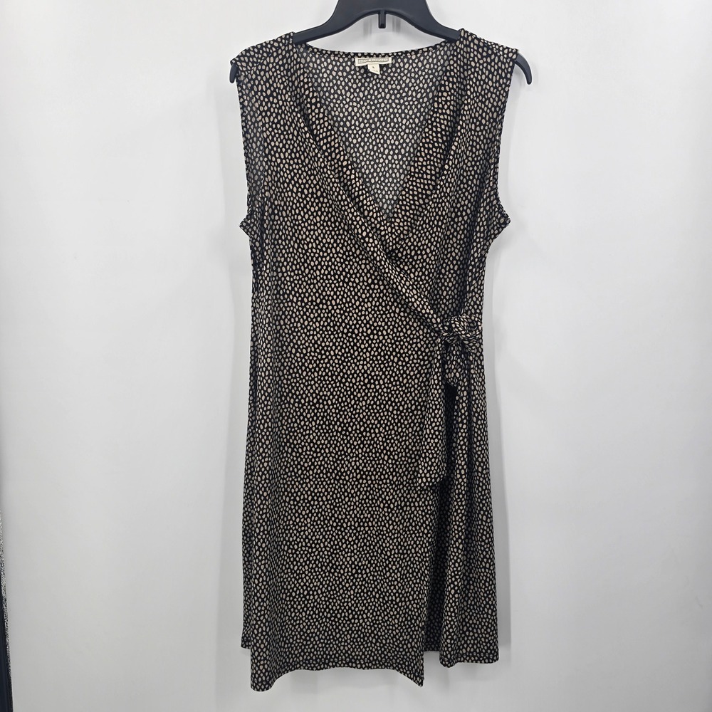 Dana Buchman Dress Womens Large Black Tan Dot Sleeveless Faux Wrap